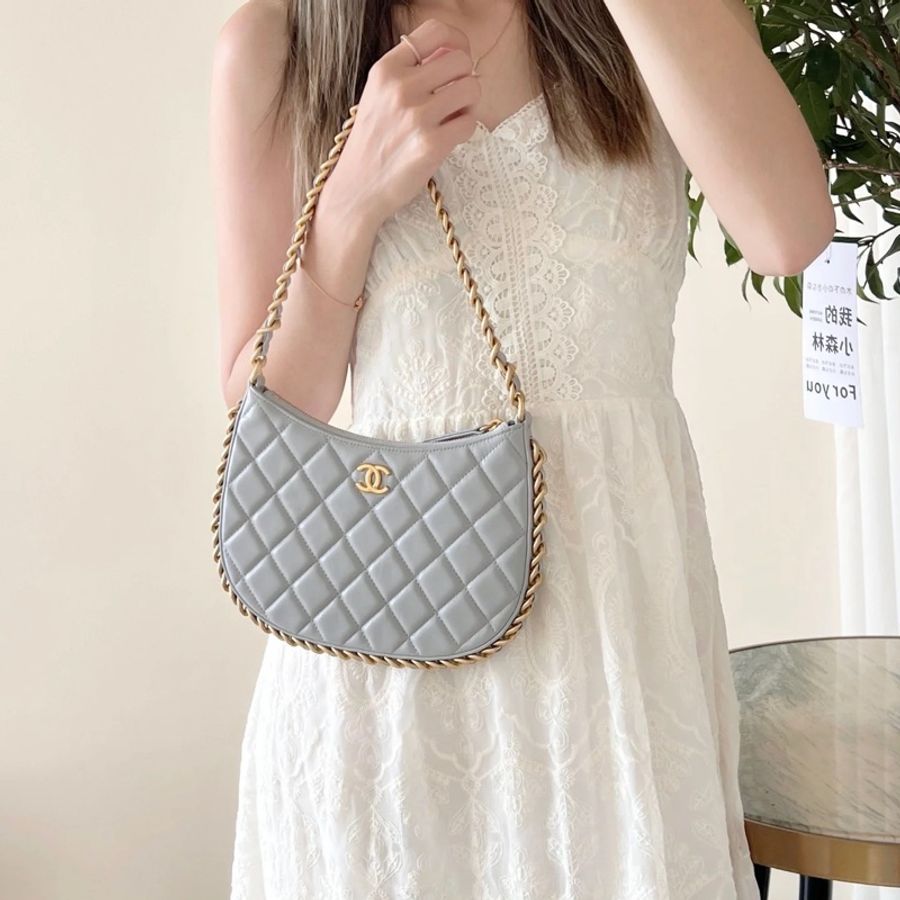 CHANEL/香奈兒 Hobo 嬉皮包 羊皮 灰色 大號 undefined/芯片款 23.5*15 復古-1