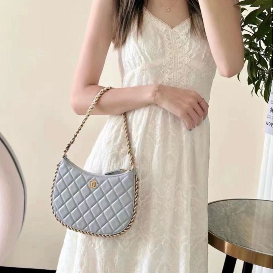 CHANEL/香奈兒 Hobo 嬉皮包 羊皮 灰色 大號 undefined/芯片款 23.5*15 復古-3