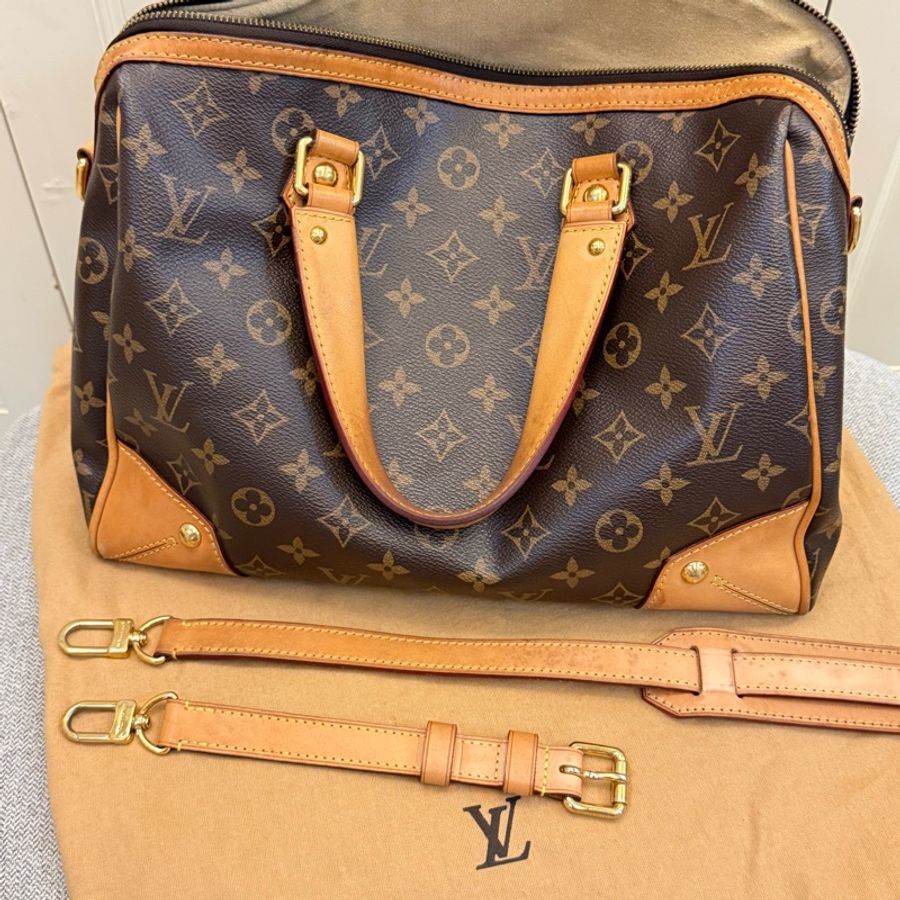 真品 LV Retiro PM M40325原花字紋老花金釦拉鏈 手提 側背 斜肩 旅行包-0