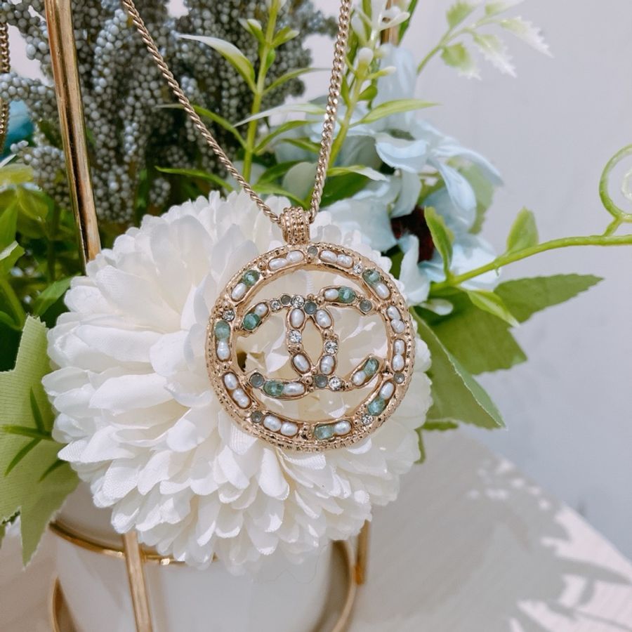 TK1767 Chanel香奈兒珍珠拼綠寶石圓形頸鏈CC Logo Long Necklace Pearl X GHW-33