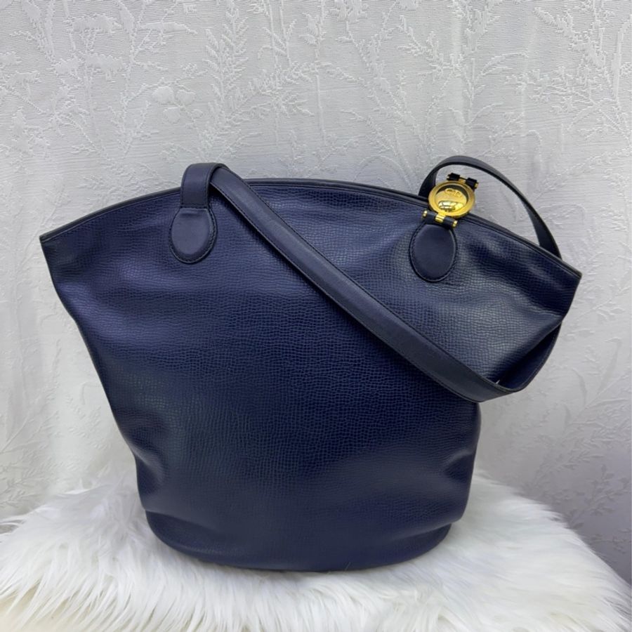 CHRISTIAN DIOR CD Logo Tote Bag Hand Bag Leather Navy x Gold Hardware RARE-0