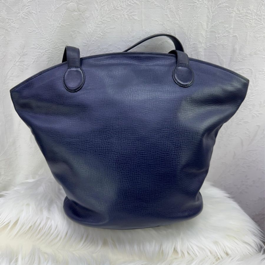 CHRISTIAN DIOR CD Logo Tote Bag Hand Bag Leather Navy x Gold Hardware RARE-1