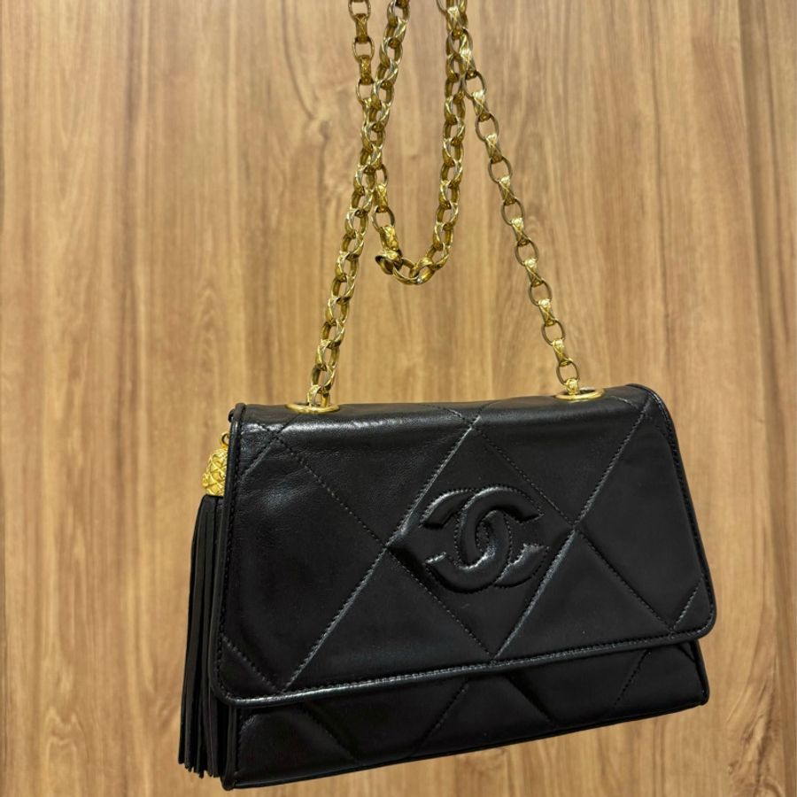 vintage Chanel黑色羊皮梯形流蘇雕花金鍊chain bag-0