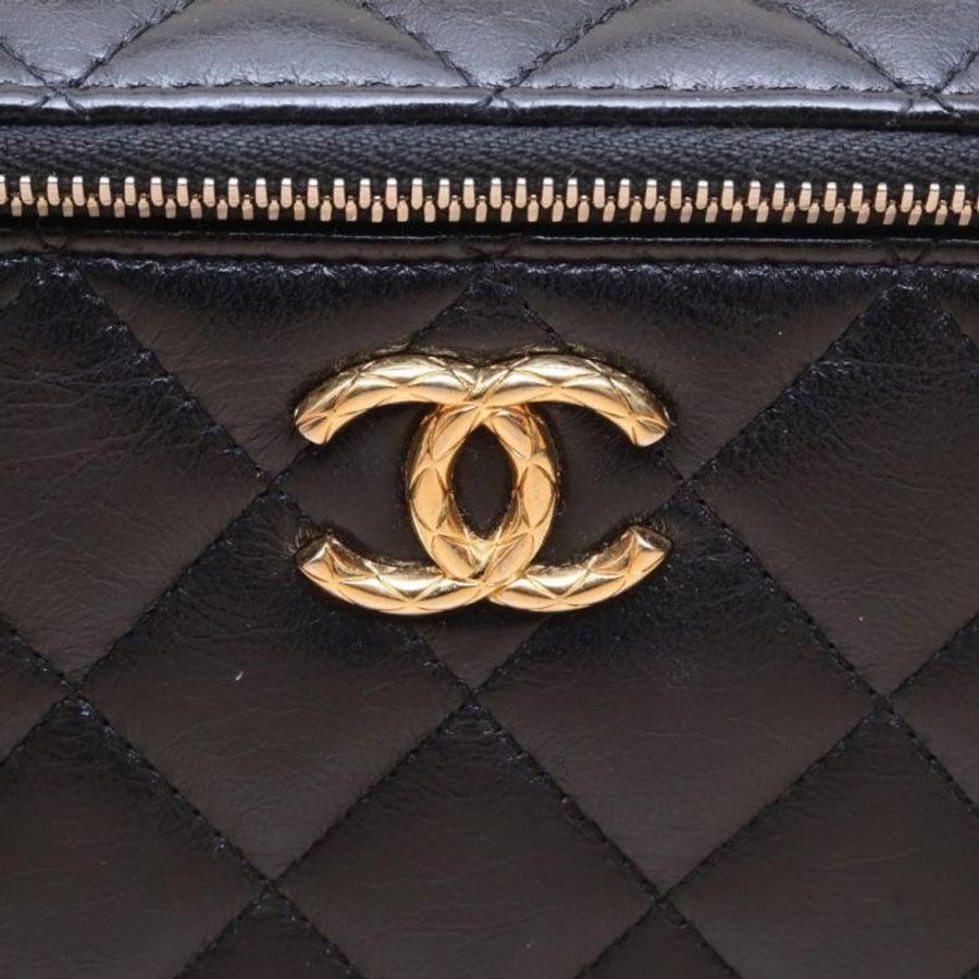 CHANEL(香奈兒) 23C 長盒子化妝包 帶鏡子 16.5cm 黑色 鐳射標 鳳梨扣 寶石鏈條肩帶-7