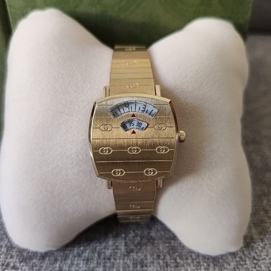 GUCCI YA157502 GG logo Grip Yellow Gold PVD 27mm 古馳 土豪金 黃金色 金色金屬 金錶 石英錶 手鐲錶 近全新收藏品-5