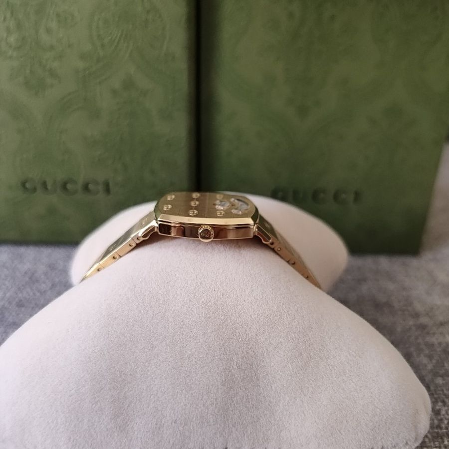 GUCCI YA157502 GG logo Grip Yellow Gold PVD 27mm 古馳 土豪金 黃金色 金色金屬 金錶 石英錶 手鐲錶 近全新收藏品-14