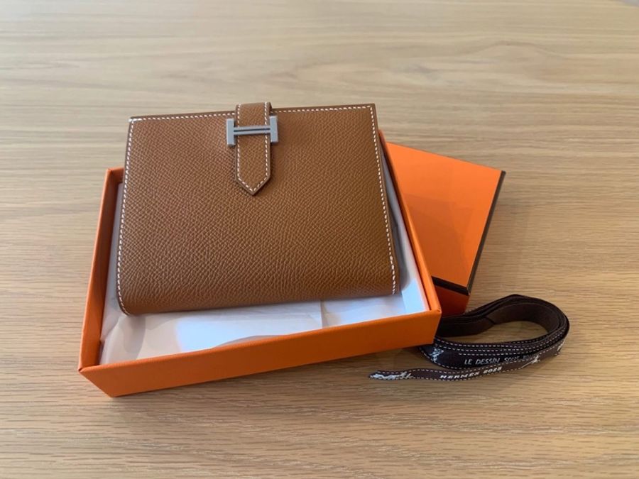 HERMES 愛馬仕 經典Bearn系列Madame 牛皮銀色H穿式 對折 短夾 金棕/銀扣/K刻/全新全配-2