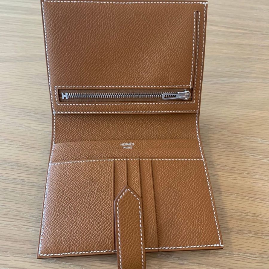 HERMES 愛馬仕 經典Bearn系列Madame 牛皮銀色H穿式 對折 短夾 金棕/銀扣/K刻/全新全配-5