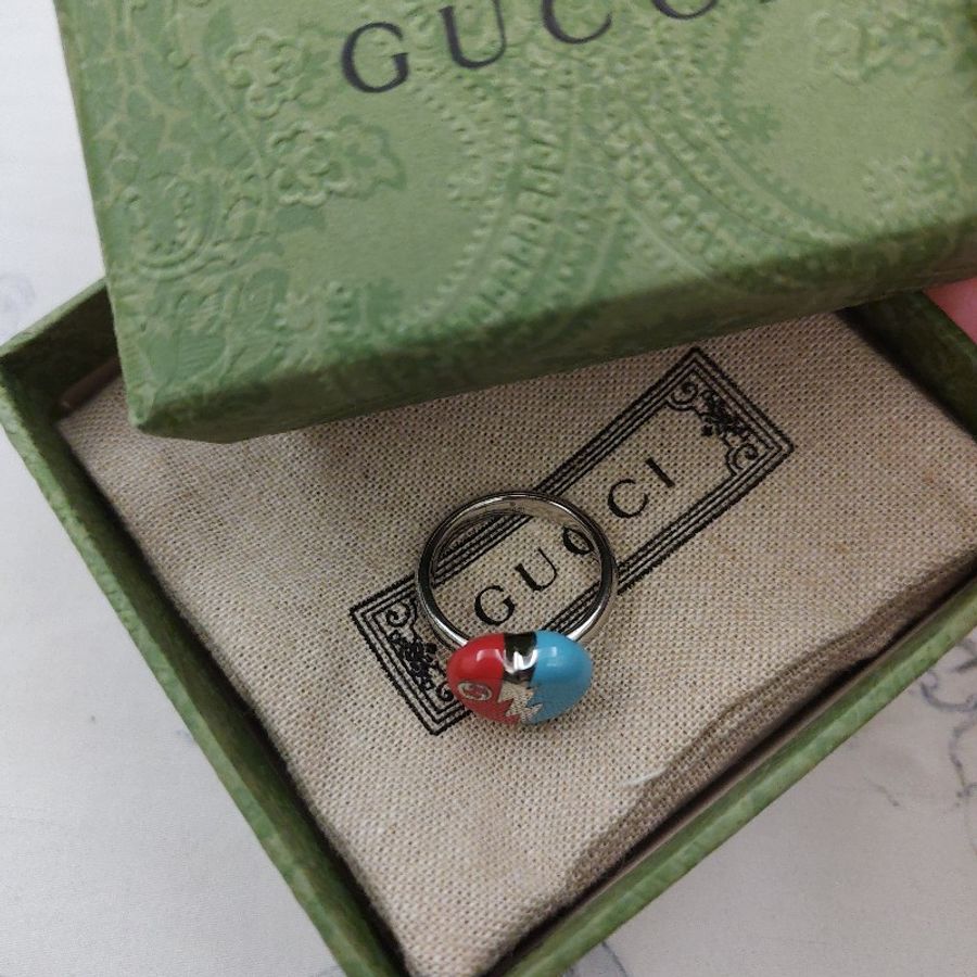Gucci 紅+藍心形閃電吊墜互扣雙G戒指-13