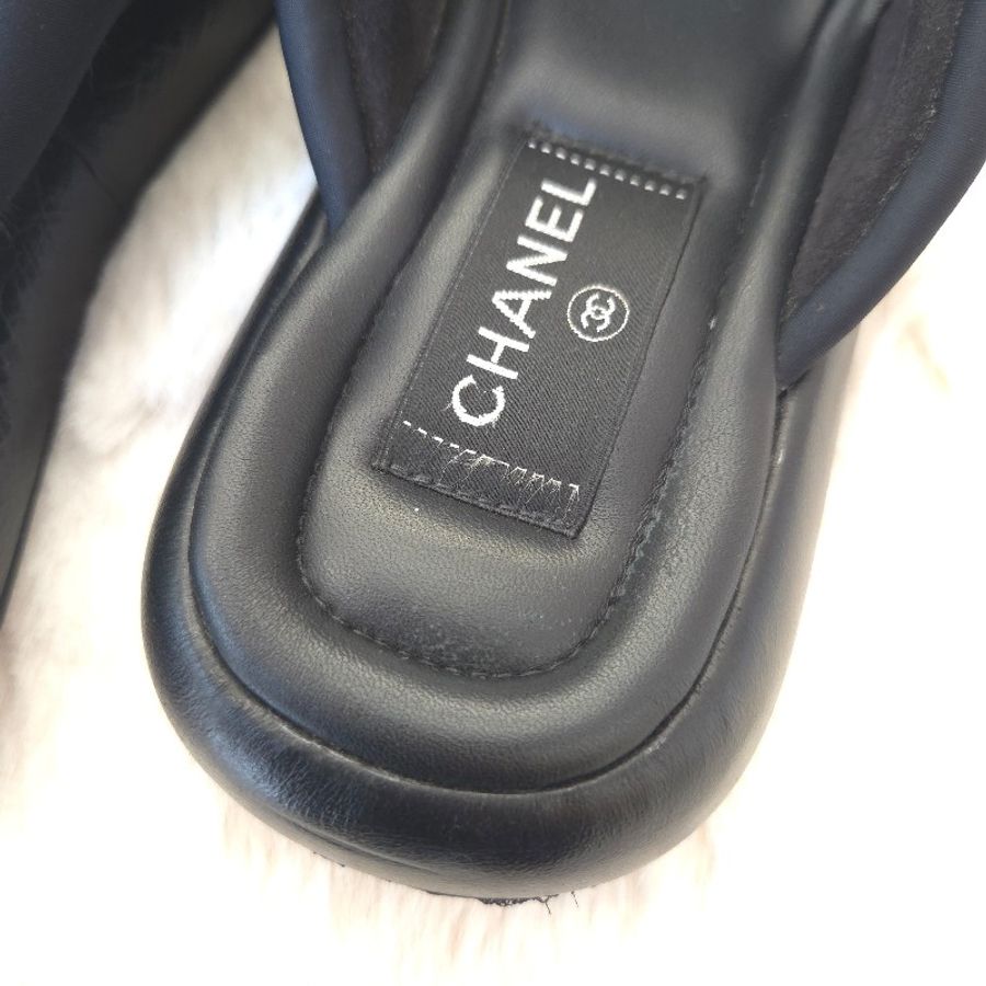 Chanel 交叉厚底拖鞋 黑金 38 二手-17