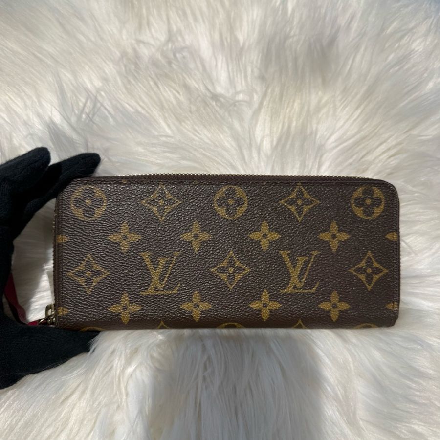LV 老花拉鏈窄版長夾 內裡酒紅色-0