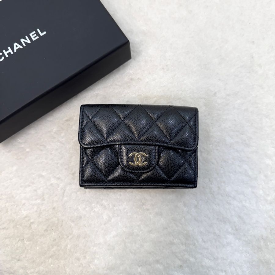 Chanel 香奈兒小三折短夾 黑色金釦 荔枝皮 Mini 三折短夾 雙釦 短夾 AP0230-1