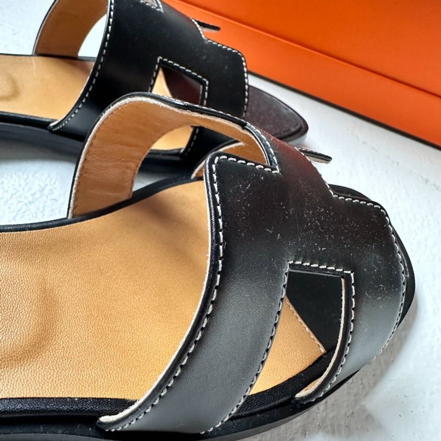 Hermes Oran 黑配焦糖 涼鞋-3