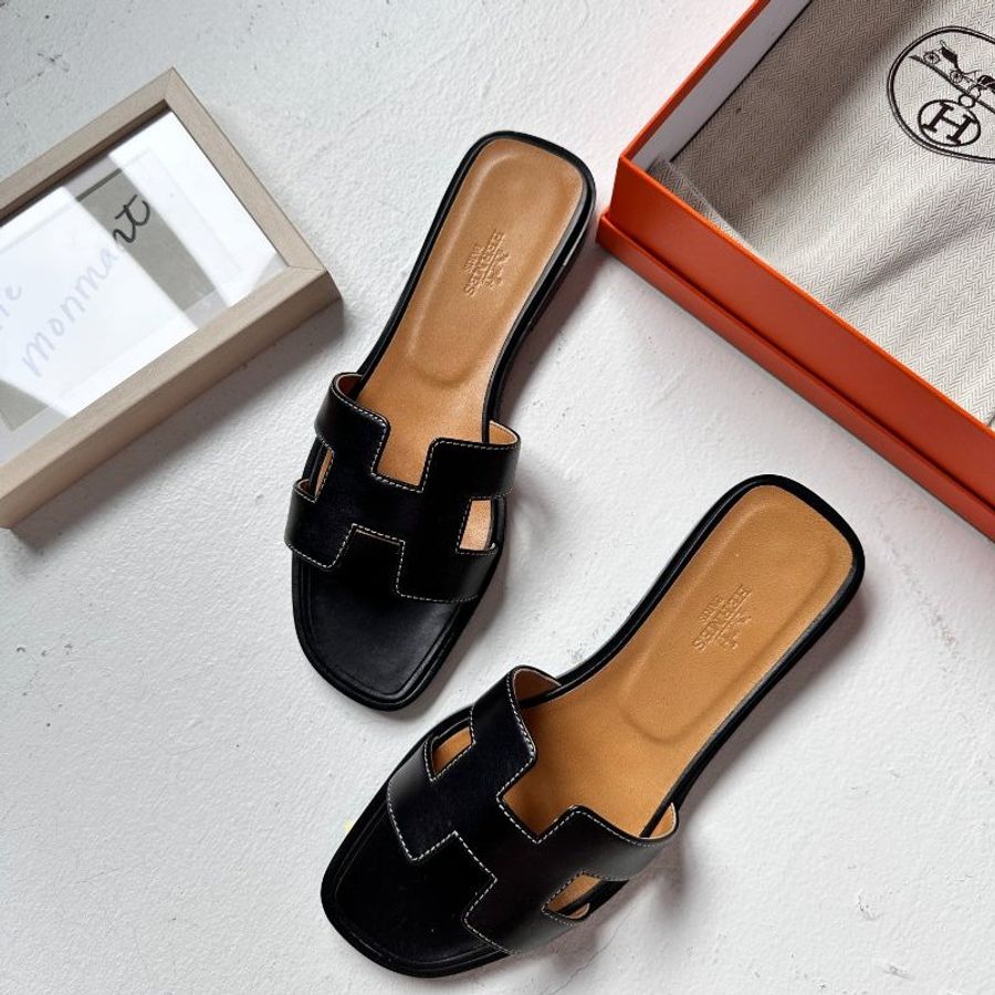 Hermes Oran 黑配焦糖 涼鞋-7
