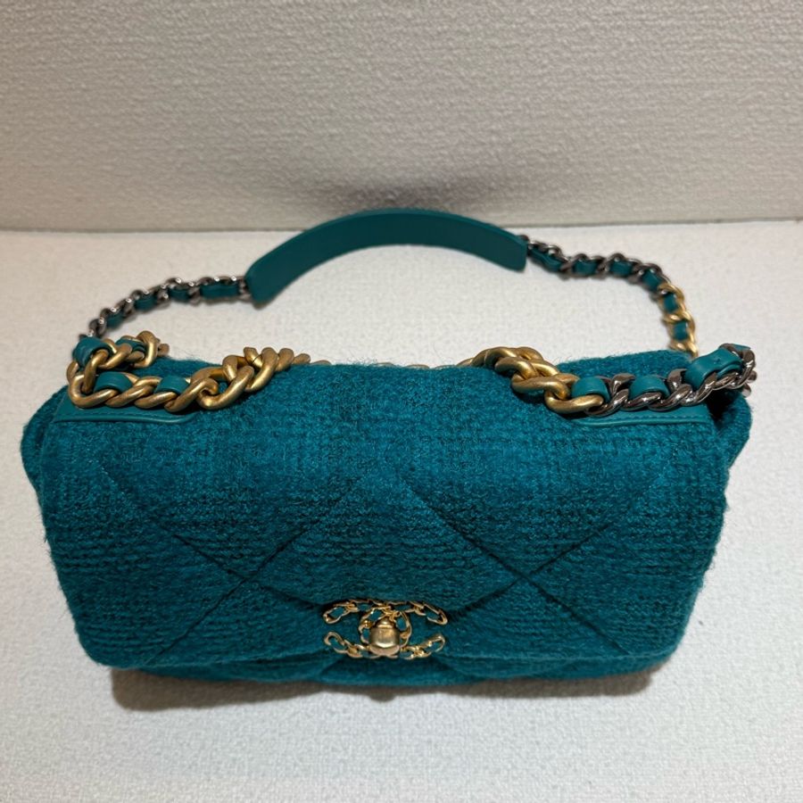 CHANEL 19小號香奈兒雙C logo藍綠色毛呢斜背包-8
