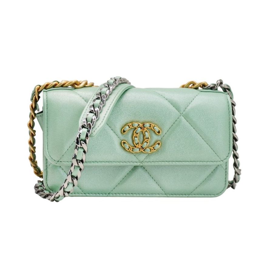 Chanel 展示品 19 菱格羊皮雙色鍊迷你斜背包(AP3067-珠光綠)-0