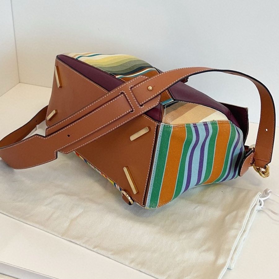 Loewe羅意威 彩條紋拼接Puzzle幾何包 中號約29底長-5