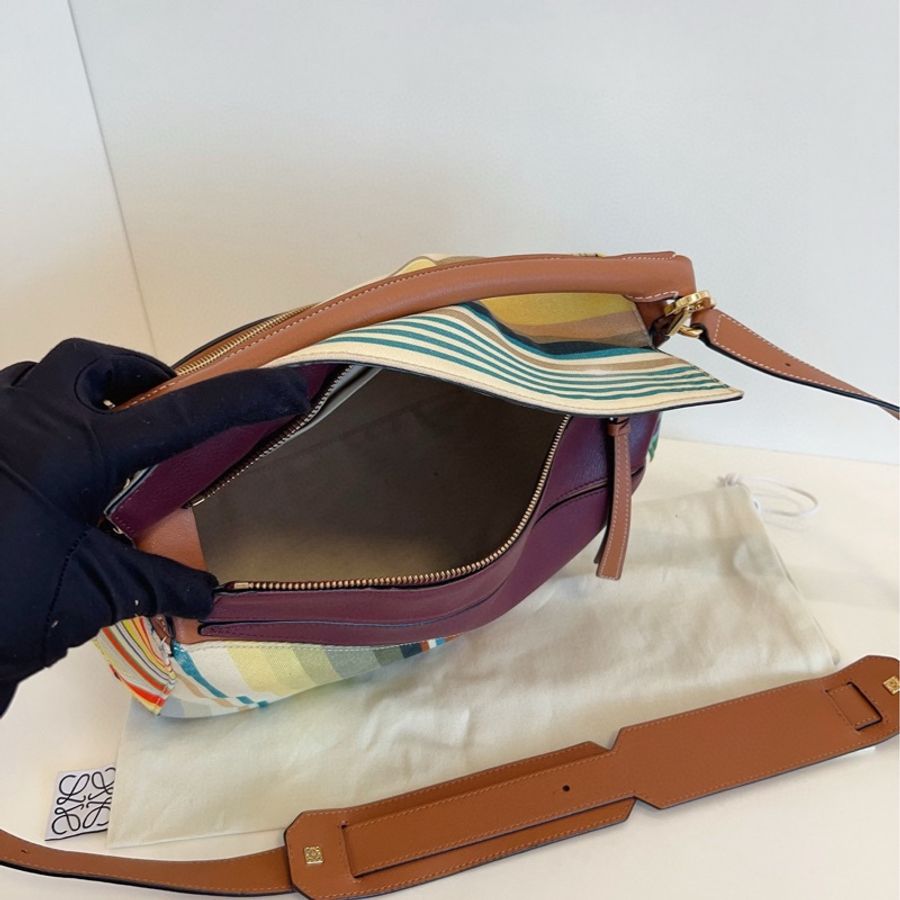 Loewe羅意威 彩條紋拼接Puzzle幾何包 中號約29底長-7