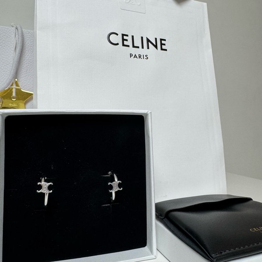 Celine銠銀色飾面黃銅TRIOMPHE不對稱圈形耳環-0