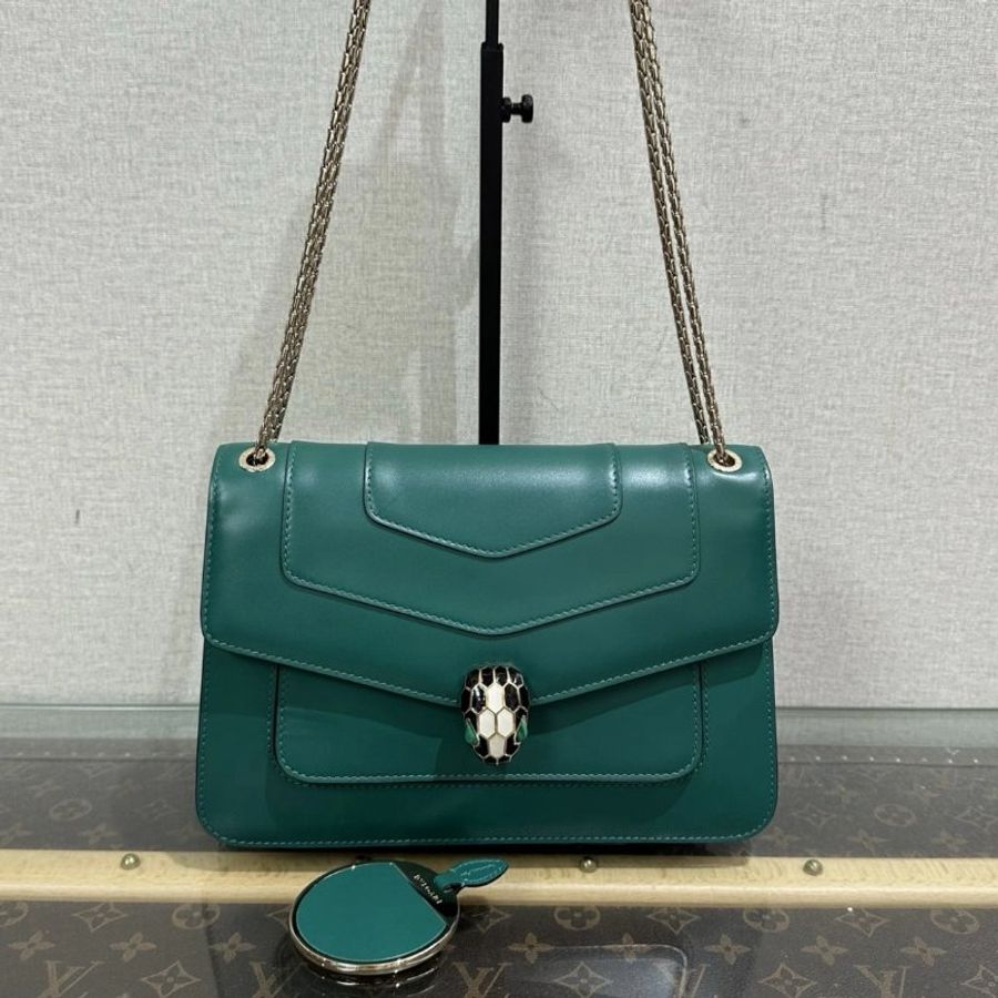 BVLGARI Serpenti Forever 綠色風琴蛇頭肩背斜背包 24.5*16*7 99新配件鏡子塵袋-0