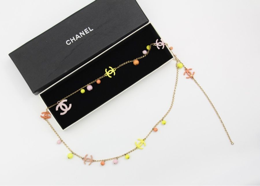 Chanel Vintage 03S琺瑯糖果色橙+黃+粉紅色CC珠飾腰鏈-2