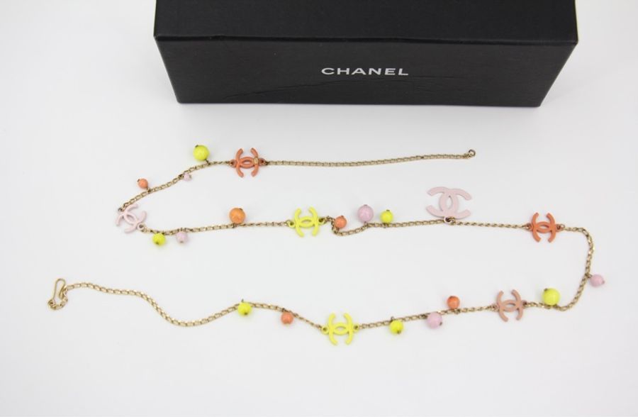 Chanel Vintage 03S琺瑯糖果色橙+黃+粉紅色CC珠飾腰鏈-8