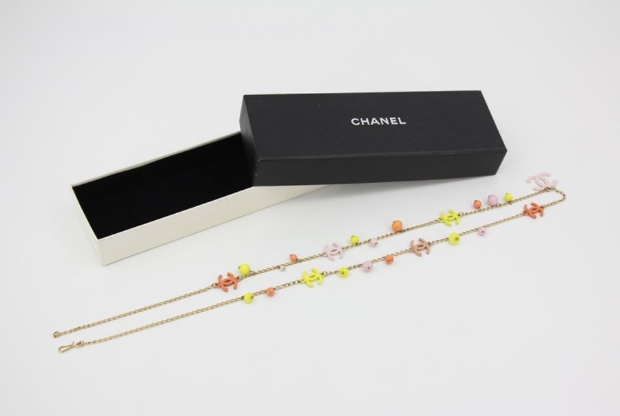 Chanel Vintage 03S琺瑯糖果色橙+黃+粉紅色CC珠飾腰鏈-9
