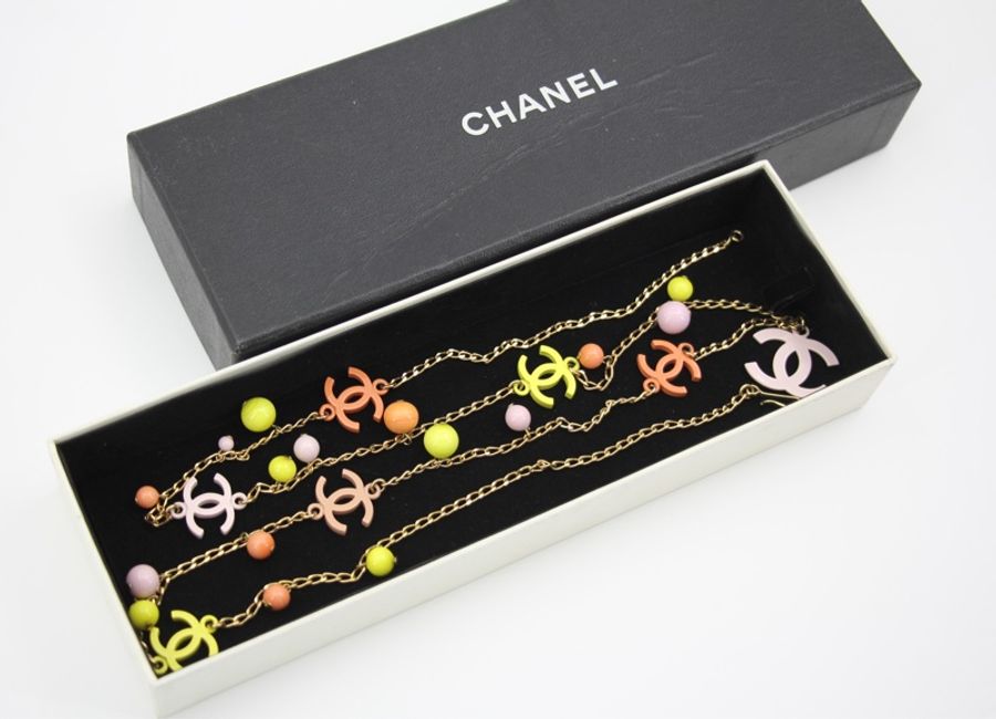Chanel Vintage 03S琺瑯糖果色橙+黃+粉紅色CC珠飾腰鏈-12