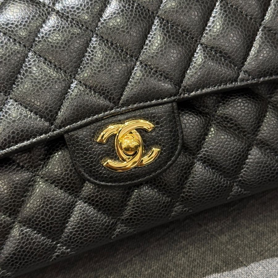 全配 CHANEL COCO 23 A01113 黑色荔枝牛皮金釦口蓋包 肩背包  CF23-5