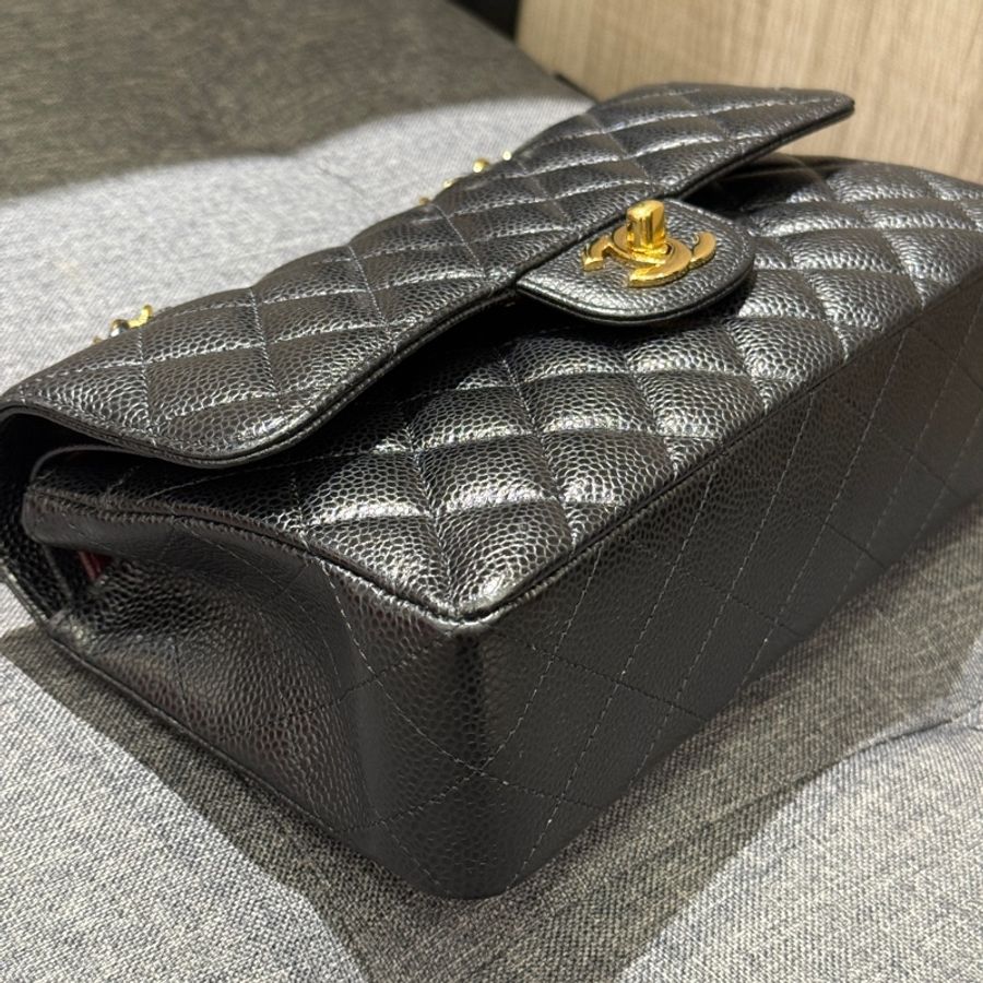 全配 CHANEL COCO 23 A01113 黑色荔枝牛皮金釦口蓋包 肩背包  CF23-8