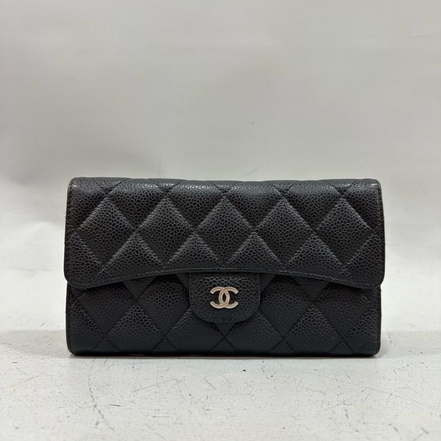 Chanel A31506 黑荔枝皮銀釦CF長夾-0
