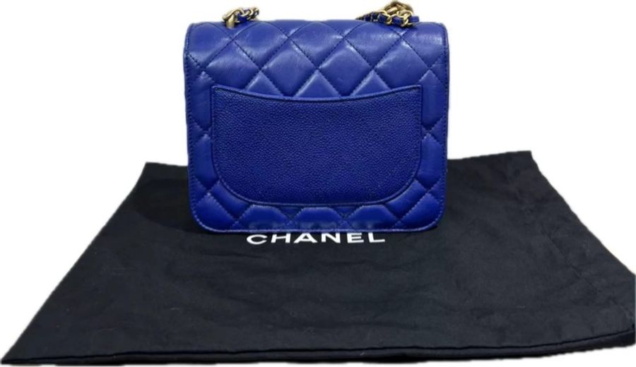 CHANEL/香奈兒 藍金菱格紋手提斜挎郵差包 牛皮18.5*16-1
