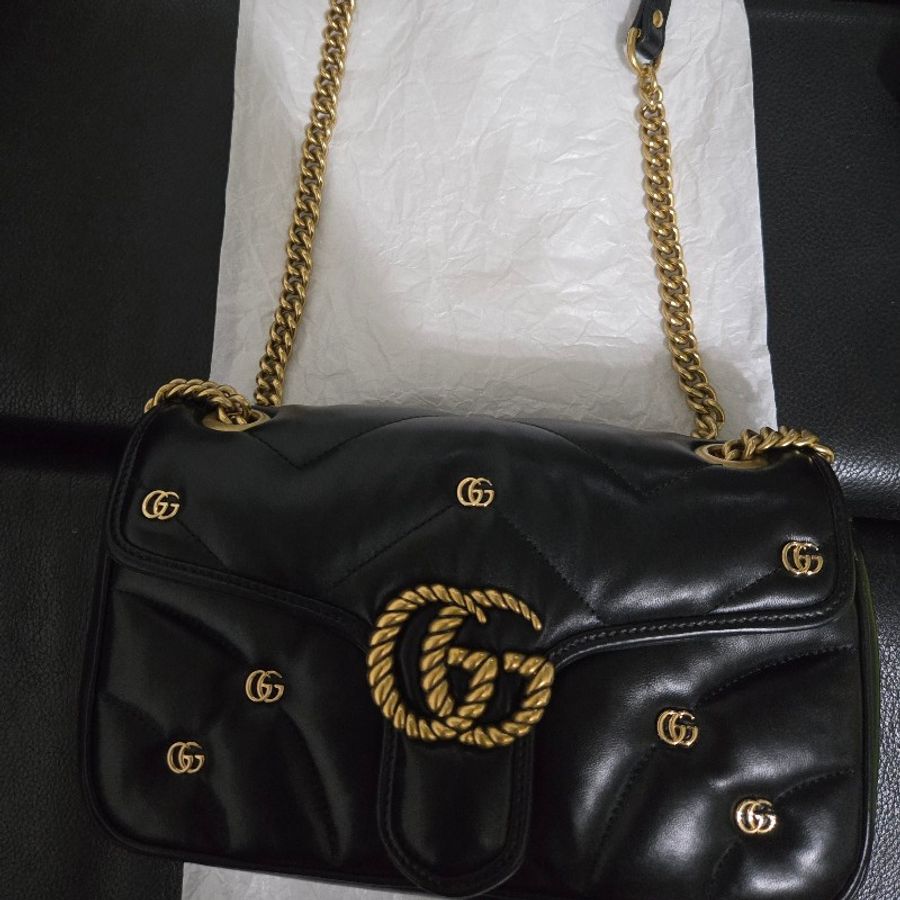 Gucci Marmont443497 AACPG 1000 雙G飾釘和扭紋粗花邊雙G裝飾 馬夢包 黑金-0