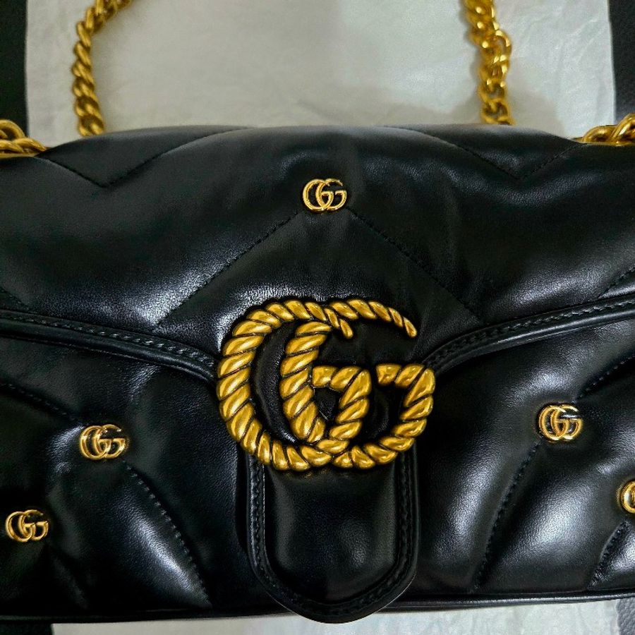 Gucci Marmont443497 AACPG 1000 雙G飾釘和扭紋粗花邊雙G裝飾 馬夢包 黑金-5