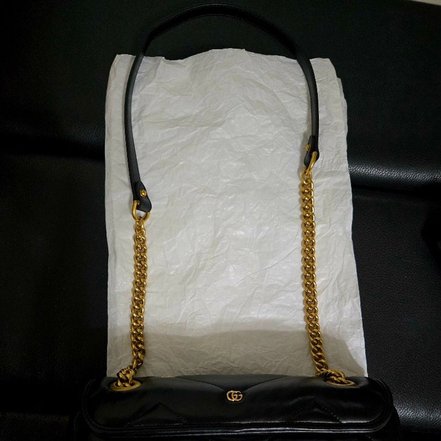 Gucci Marmont443497 AACPG 1000 雙G飾釘和扭紋粗花邊雙G裝飾 馬夢包 黑金-12