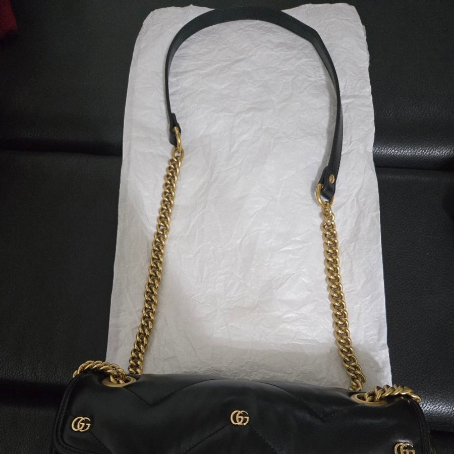 Gucci Marmont443497 AACPG 1000 雙G飾釘和扭紋粗花邊雙G裝飾 馬夢包 黑金-13