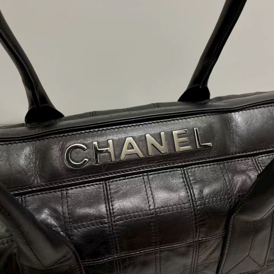 成色很好出清價😎👍Chanel黑銀字母全皮菱格手提單肩托特包👜-6