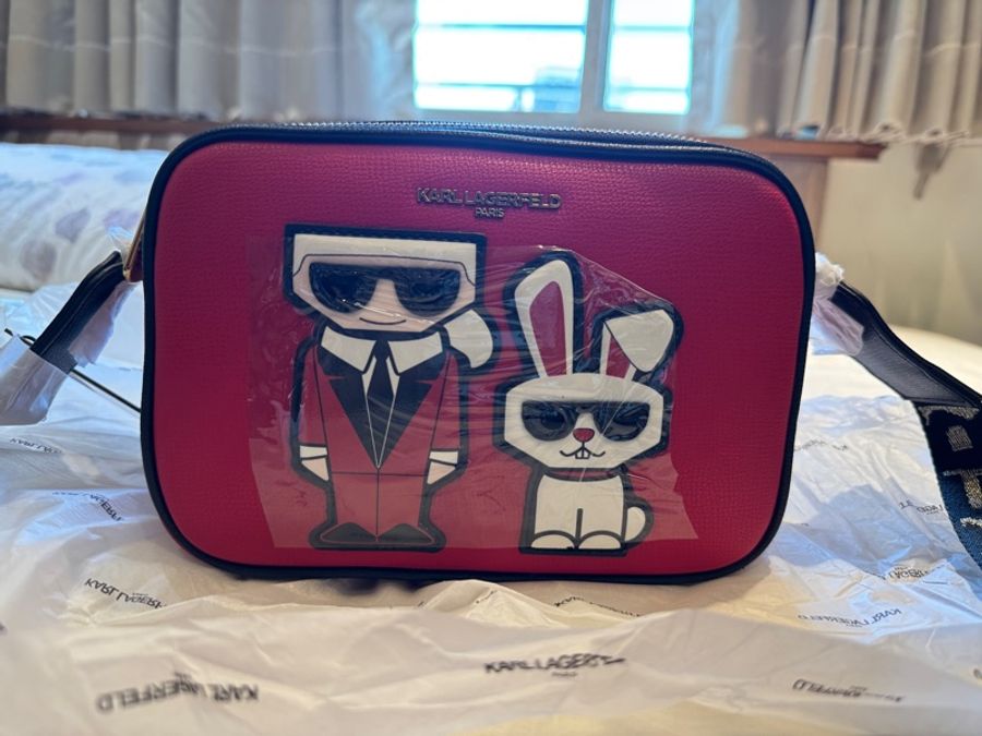 KARL LAGERFELD 老佛爺&小貓LOGO織帶防刮斜背相機包-1