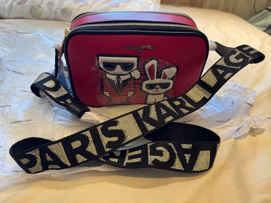 KARL LAGERFELD 老佛爺&小貓LOGO織帶防刮斜背相機包-2