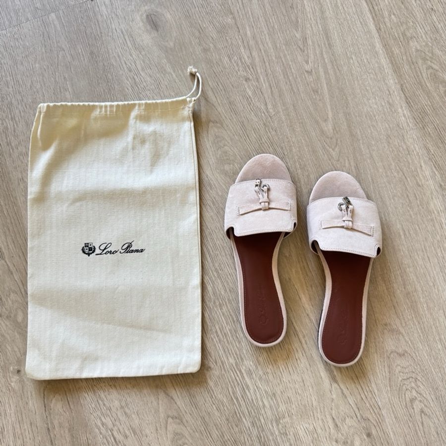 Loro piana 老錢風 裸粉色麂皮拖鞋 38-6