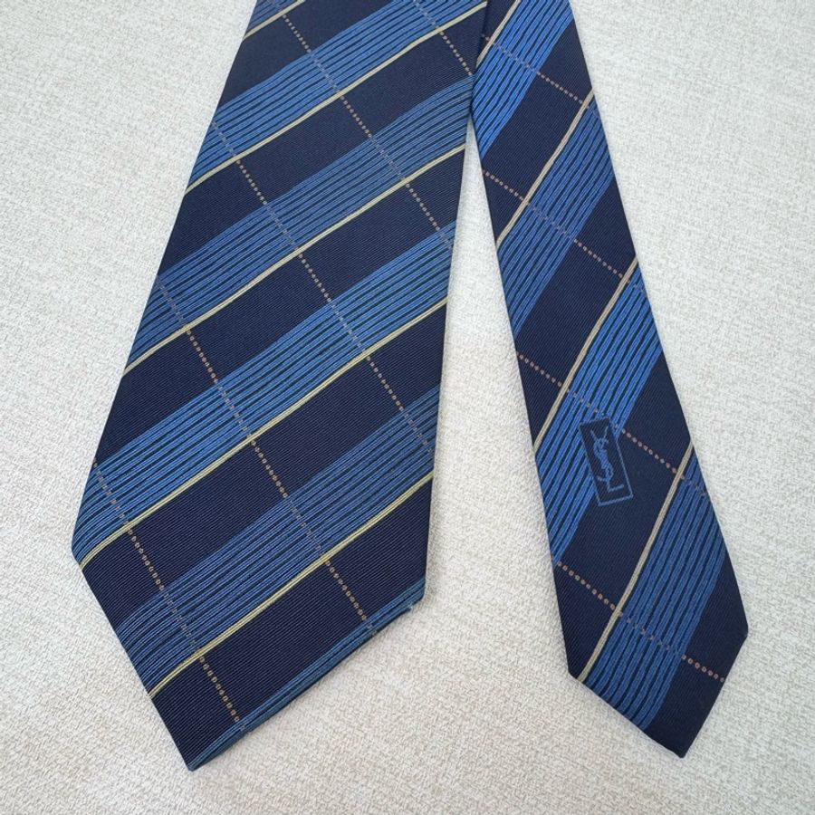 YSL 藍格紋 領帶 領結 絲綢(中古)-1