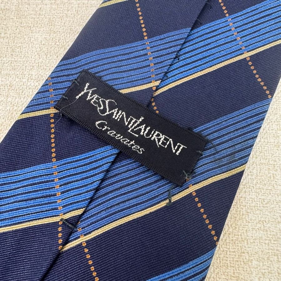 YSL 藍格紋 領帶 領結 絲綢(中古)-4