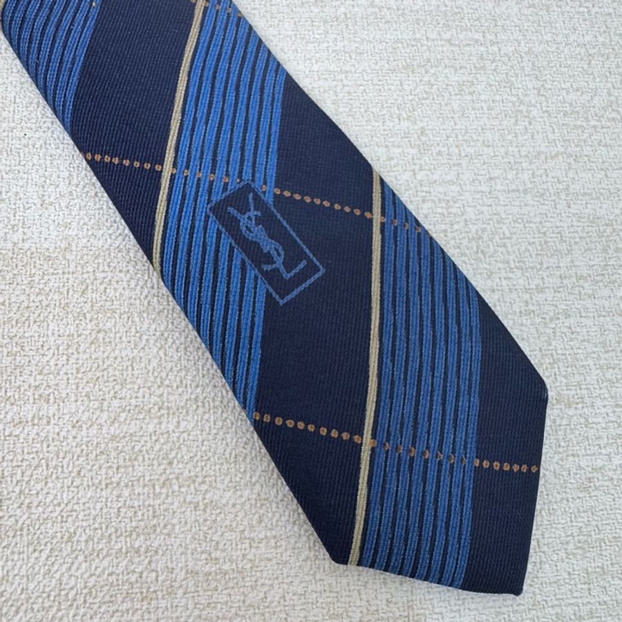 YSL 藍格紋 領帶 領結 絲綢(中古)-6
