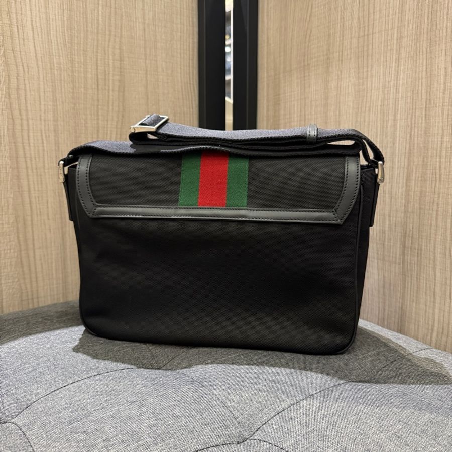 GUCCI 630921 黑色帆布黑皮革拼綠紅綠織帶掀蓋斜背包 書包-1