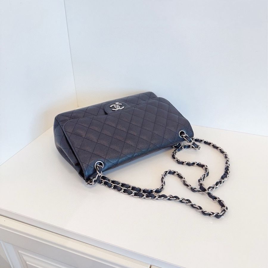 Chanel 香奈兒 黑銀荔枝皮雙蓋CF Jumbo 15開 約30*19*10-4
