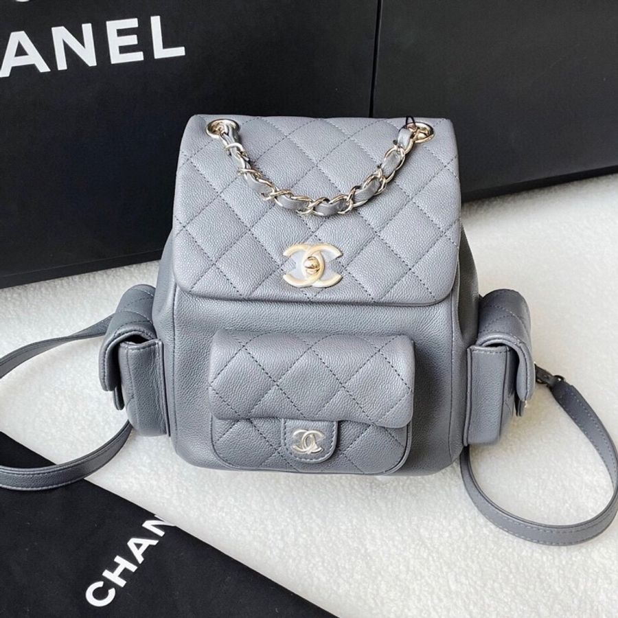 chanel灰色荔枝牛大號雙肩包 芯片21.5 x19.5 x 12-0