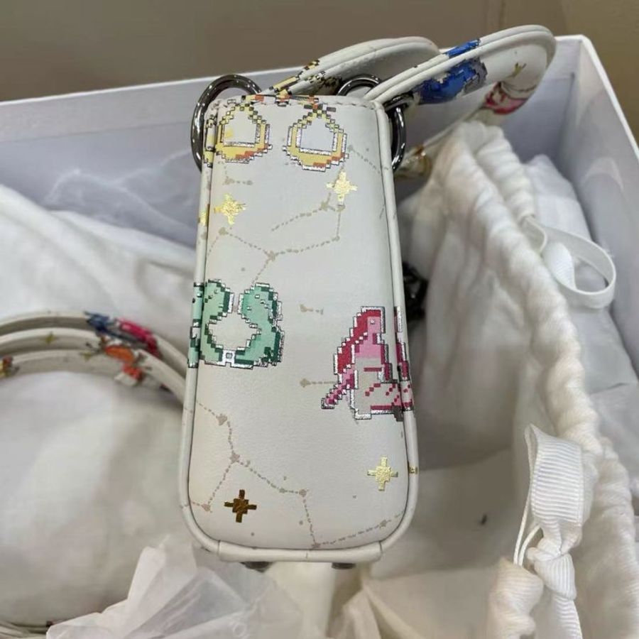 DIOR Lady 星座符號印花黛妃包超迷你奶白色芯片款12*5*10cm 99新配件盒子塵袋保卡-4