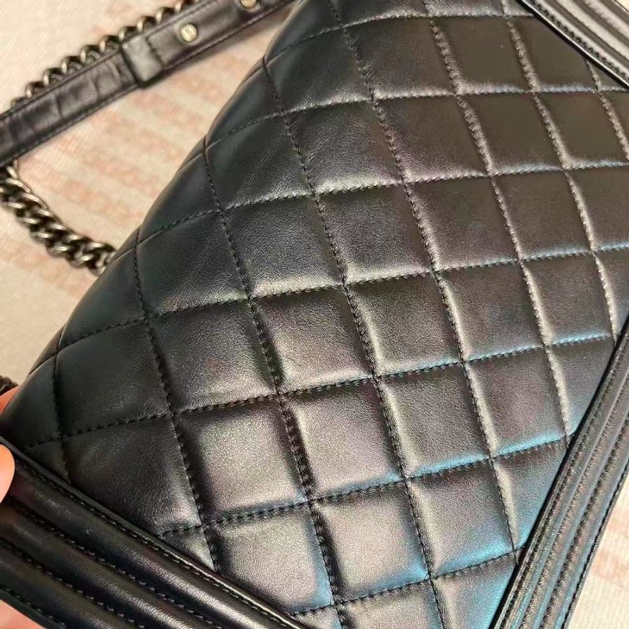 全網最低價😍Chanel黑銀中大號牛皮leboy鏈條單肩斜挎包-12