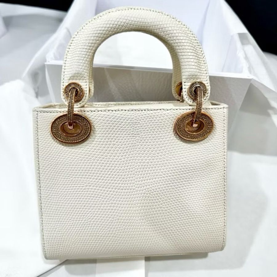 新款鏈袋 lady Dior mini訂製款 蜥蜴皮 米白色玫瑰金釦帶鑽-1