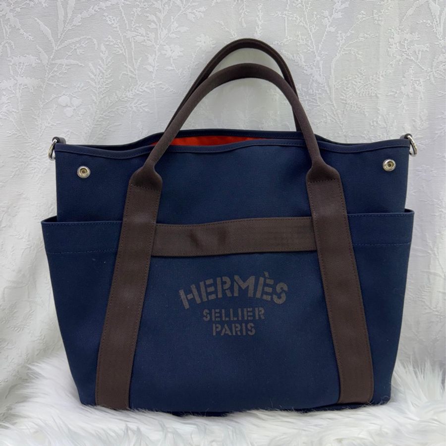 HERMES 愛馬仕 手袋 PANSAGE GROOM 76/9J 單肩包/手提包 兩手托特包 靛藍色-0